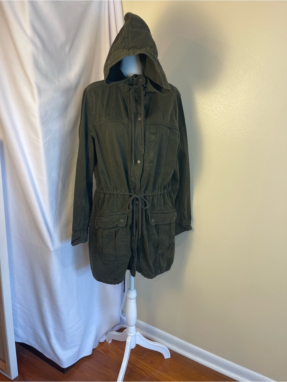 Abercrombie & Fitch Olive Hooded Utility Jacket L Longline Cotton Anorak Pocket